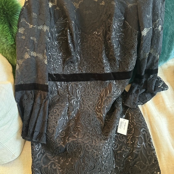 Tadashi Shoji Bell Sleeve Rose And Sequin Lace Dress Sheath Black Womens - Picture 8 of 10